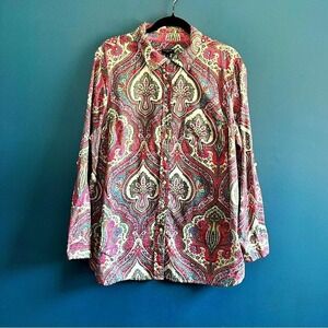 Talbots Paisley Button Up Women's Plus Size 2X Cotton Pink Green Purple Boho